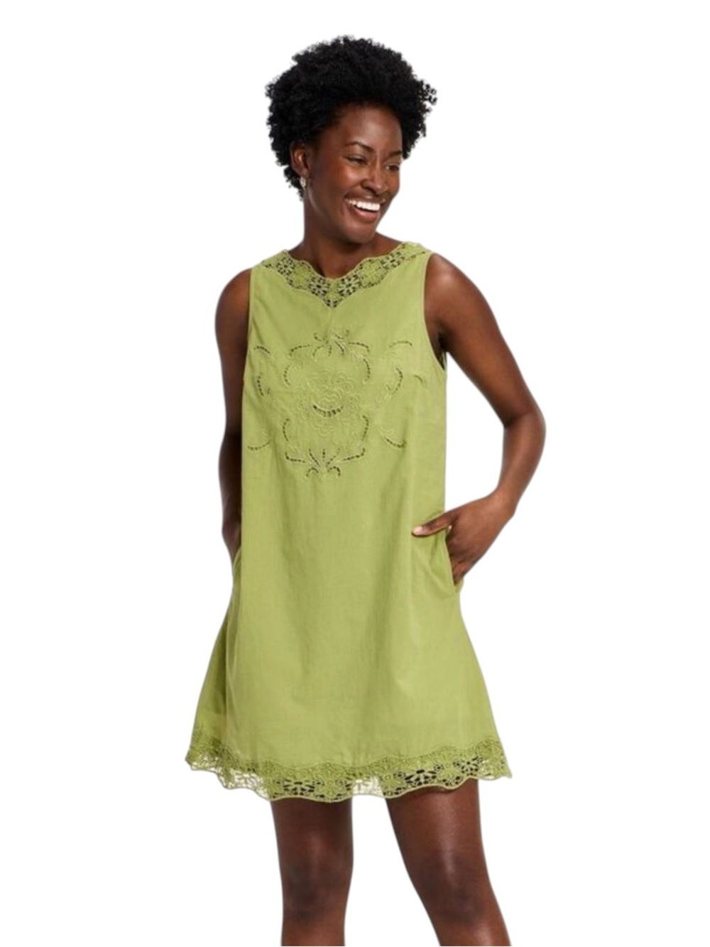 Universal Thread Embroidery Cutwork Mini Shift Dress w/ Pockets